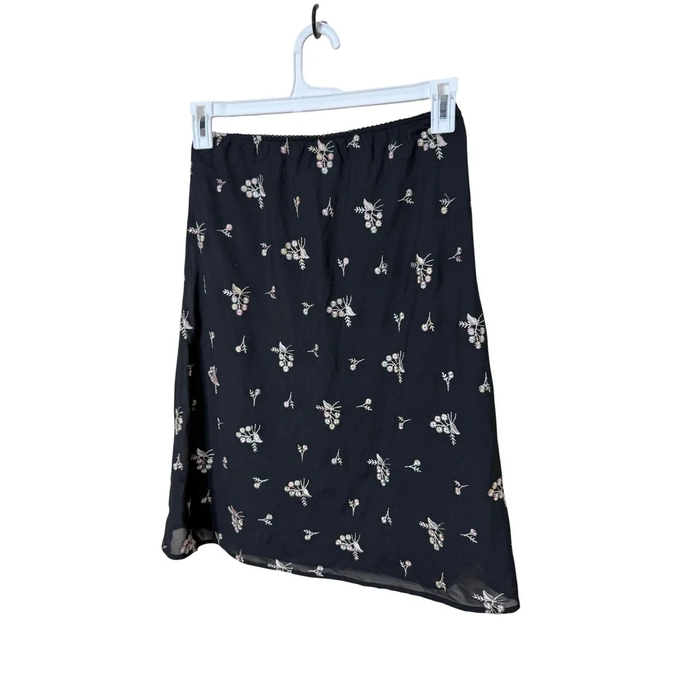 The Great American Sportswear‎ Co Floral Embroidered Black Midi Skirt L Vintage